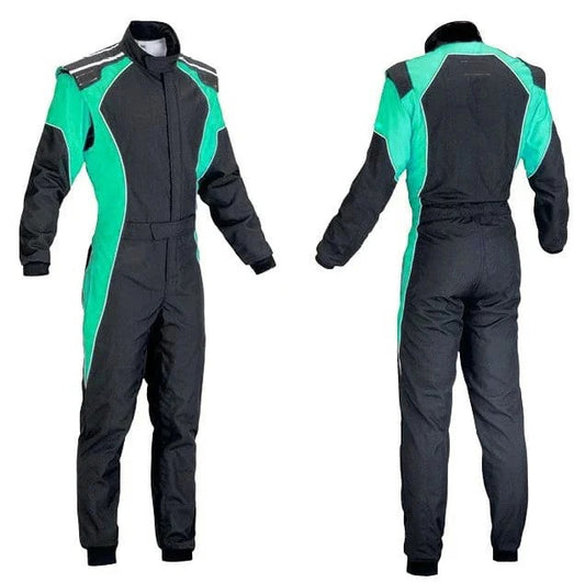 A black and green go-kart custom suit displayed frontally and back, featuring a full zip, elasticated cuffs, and a fine collar with Velcro.