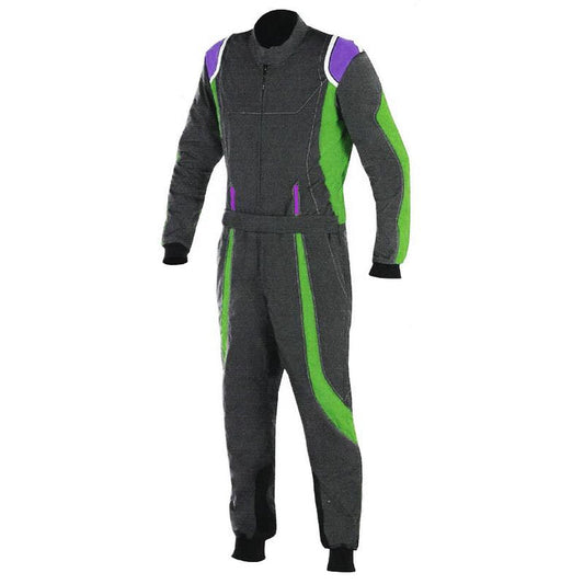 A black and green racing suit for go-karting with a full zip, elasticated cuffs, and a fine collar with Velcro.