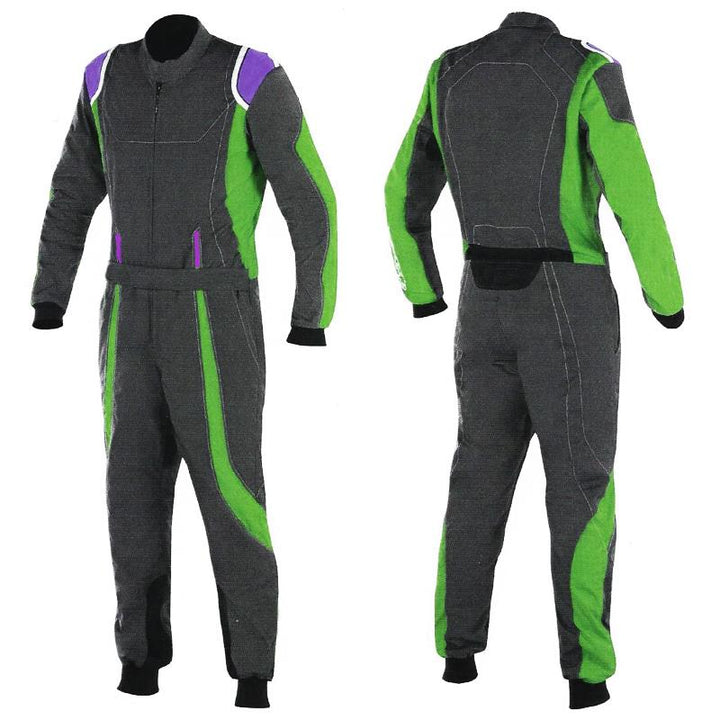 black and green go-kart racing suit featuring lightweight breathable fabric, secure zip closure, stretch panels for comfort and matching gloves & belt – custom name option available.