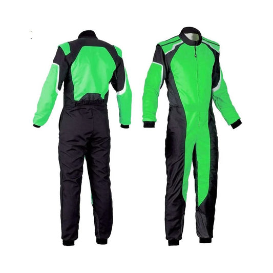 A black and green racing suit for go-karting, displayed from front and back views, with a full zip and elasticated cuffs.
