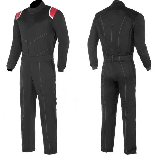 A black karting racing gear with red accents on the shoulders, featuring a full zip, elasticated cuffs, and a fine collar with Velcro.