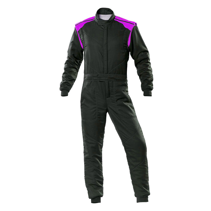 A one-piece black karting racing suit with pink accents, featuring a full zip and elasticated cuffs.