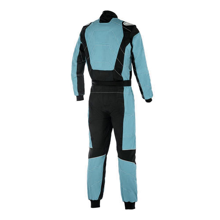 Back View of black and light blue go-kart racing suit featuring lightweight breathable fabric, secure zip closure, stretch panels for comfort and matching gloves & belt – custom name option available.