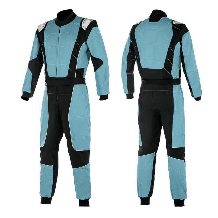 black and light blue go-kart racing suit featuring lightweight breathable fabric, secure zip closure, stretch panels for comfort and matching gloves & belt – custom name option available.
