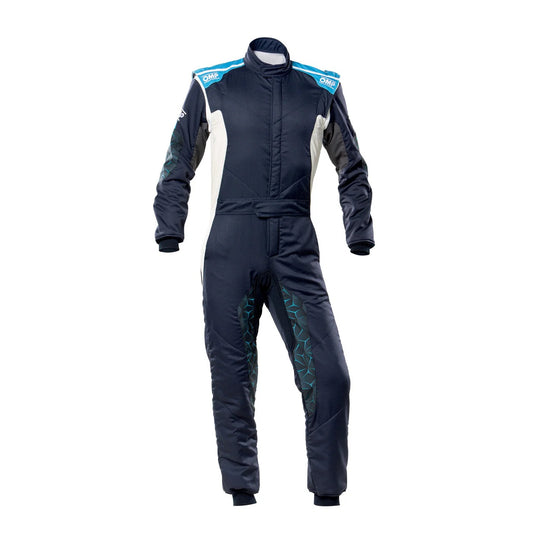Black racing suit with blue accents on a white background.Front view of Black OMP TECNICA HYBRID go-kart racing suit with lightweight material, sleek fit, and advanced karting design.