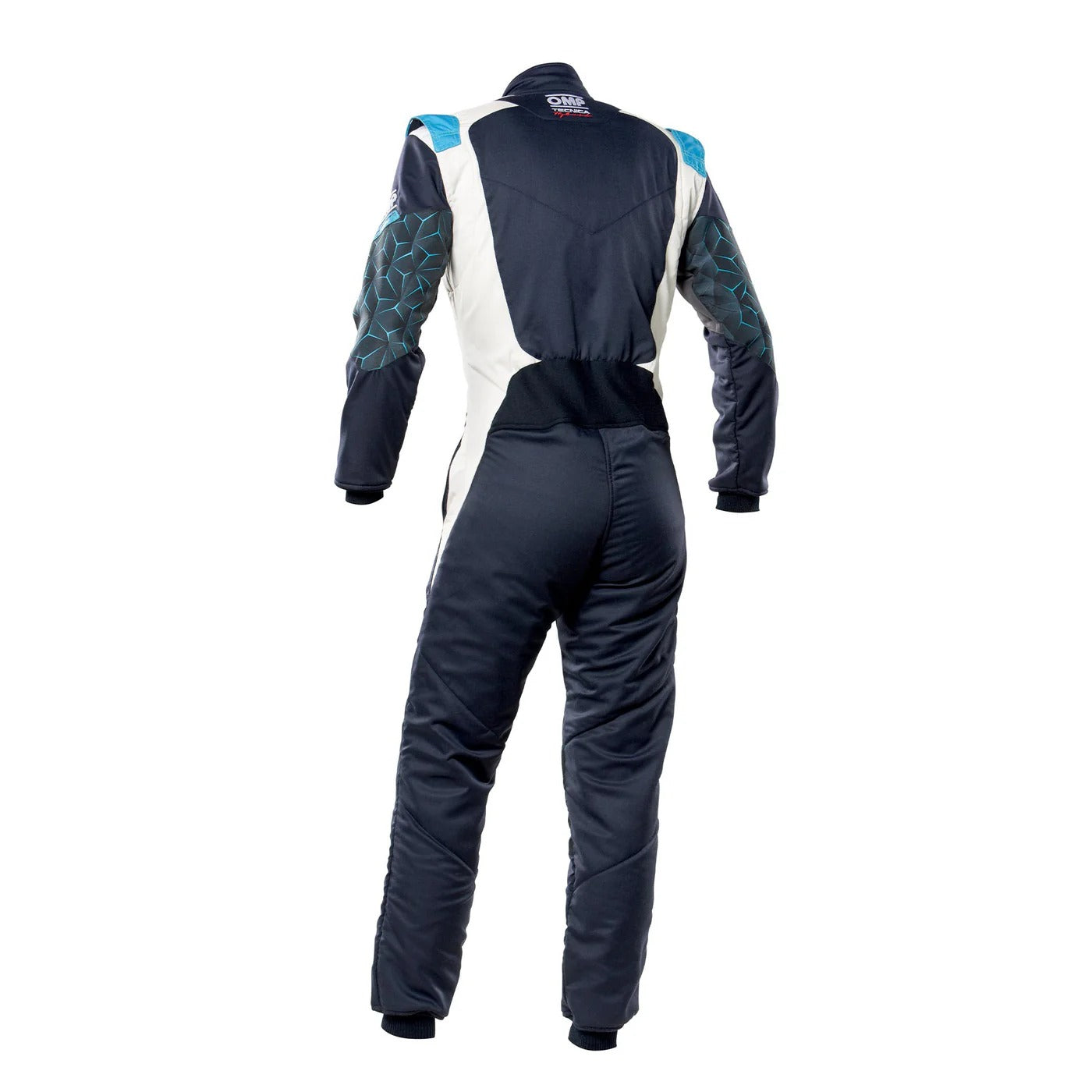 Black racing suit with white and blue accents on a white background. Back view of Black OMP TECNICA HYBRID go-kart racing suit featuring reinforced stitching, padded sections, and ergonomic styling.