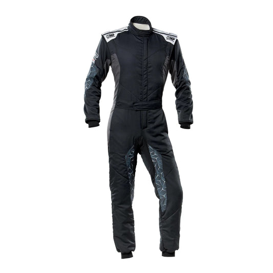 Front view of Black OMP TECNICA HYBRID go-karting race suit with advanced safety design, lightweight material, and sleek black finish.