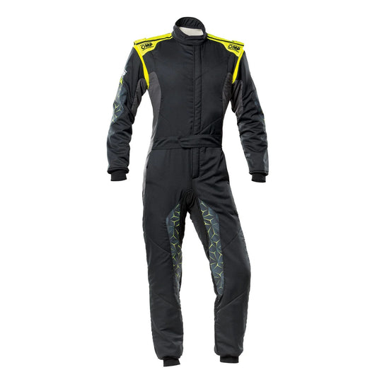 Black and yellow racing suit on a white background.Front view of Black OMP TECNICA HYBRID racing suit designed for karting with advanced comfort fit, safety features, and modern styling.