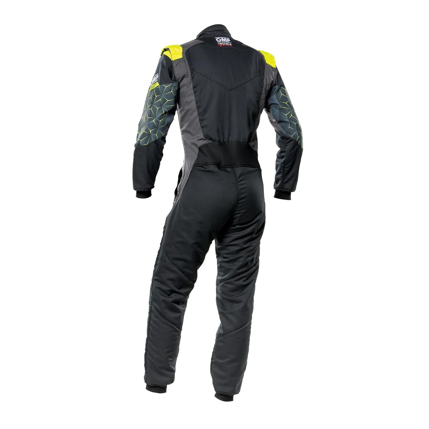 Black and gray racing suit with green and yellow accents on a white background. Back view of Black OMP TECNICA HYBRID racing suit featuring padded protection, reinforced stitching, and a professional racing look.