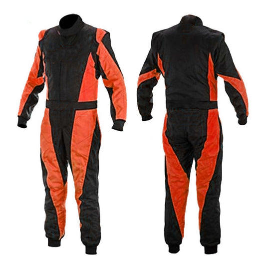 A front and back view of a black and orange racing suit designed for go karting, showing the full zipper and elasticated cuffs.
