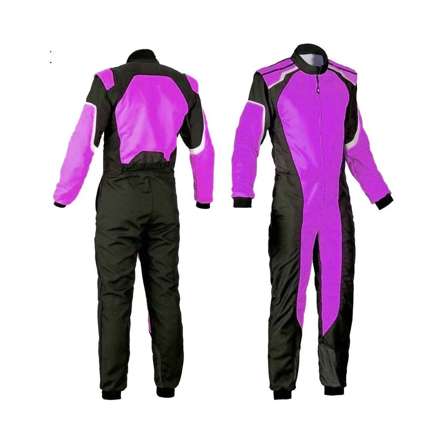 A custom-made black and purple go-kart suit with a full zip, elasticated cuffs, and a fine collar with Velcro. The suit is designed for comfort and protection with moisture-wicking properties.