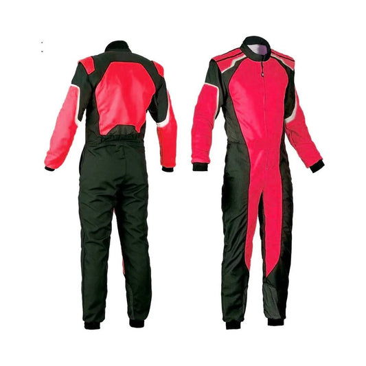 A black and red custom go-kart race suit, with the suit's zipper fully visible and the design showing red accents on the shoulders and arms.