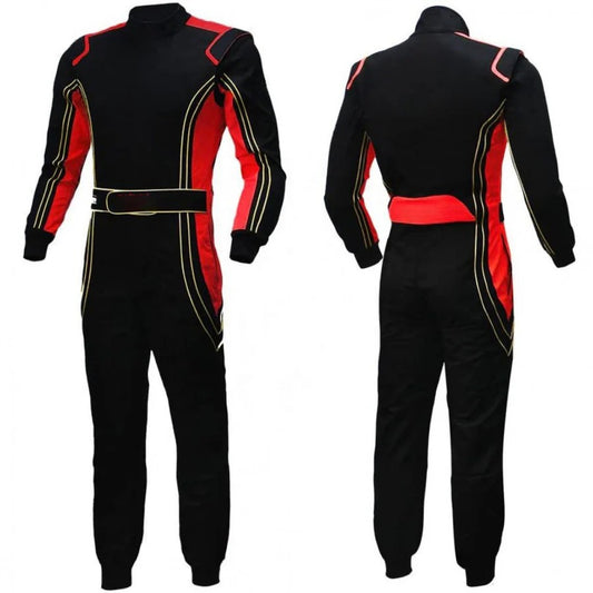 A black and red go-kart car driver racewear costume with a full zip, elasticated cuffs, and a fine and soft collar with Velcro. 