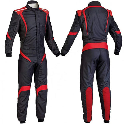 A front and back view of a black and orange go-kart racing wear costume, featuring a full zip and elasticated cuffs.