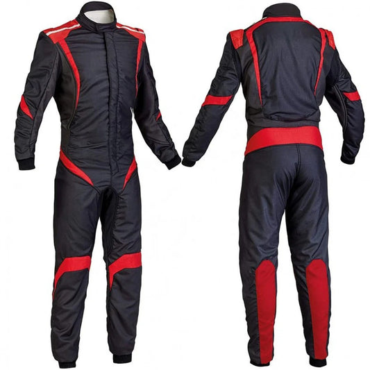 A front and back view of a black and orange go-kart racing wear costume, featuring a full zip and elasticated cuffs.