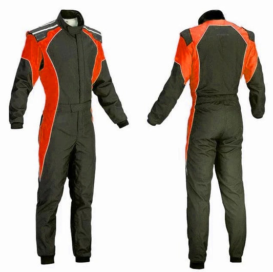 A front and back view of a black and red go-kart custom suit, featuring a full zip and elasticated cuffs, among other details.