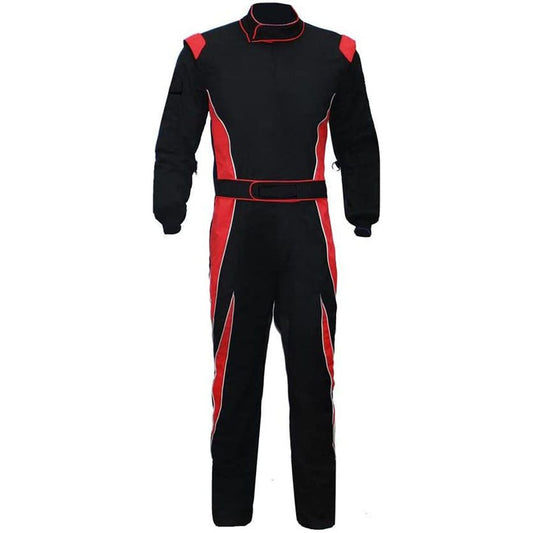 A black and red go kart race costume with long sleeves, full zip, and elasticated cuffs.