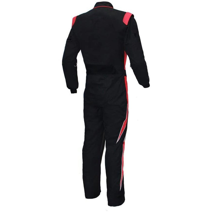 back view of black and red go-kart race costume featuring lightweight breathable fabric, secure zip closure, stretch panels for comfort and matching gloves & belt – custom name option available