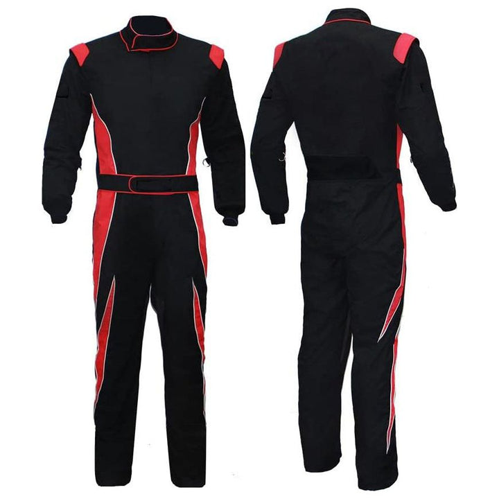 black and red go-kart race costume featuring lightweight breathable fabric, secure zip closure, stretch panels for comfort and matching gloves & belt – custom name option available