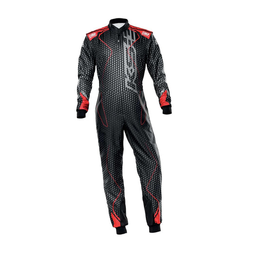 Front view of black and red OMP KS-3 ART go-kart racing suit featuring striking color contrast, lightweight fabric, and sporty aerodynamic fit.