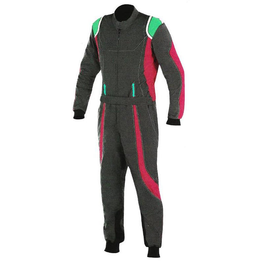 A black race suit with red accents designed for karting, featuring a full zip and elasticated cuffs.