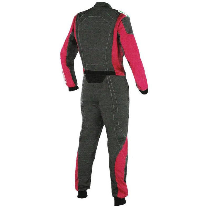 Back View of black and red karting race suit featuring lightweight breathable fabric, secure zip closure, stretch panels for comfort and matching gloves & belt – custom name option available.