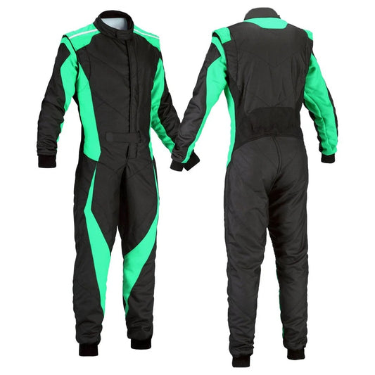 A front and back view of a black and teal go-kart car racing costume with a full zip, elasticated cuffs, and a fine collar with Velcro.