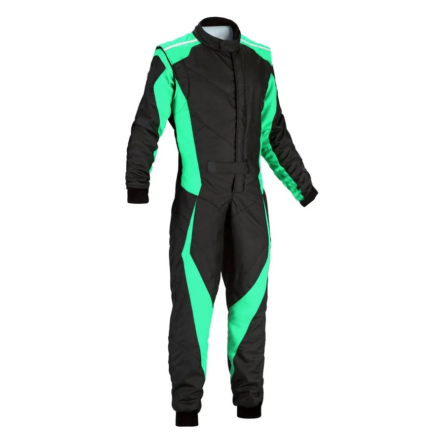 Front of Professional Black/Teal Go-Kart Car Racing Suit – Durable Motorsport Gear