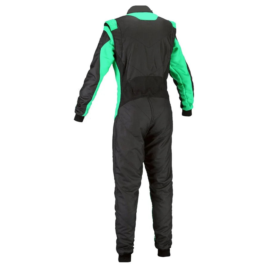 Rear View of Black/Teal Go-Kart Car Racing Costume – Flame-Resistant Comfortable Karting Suit for Boys, Girls, Men and Women
