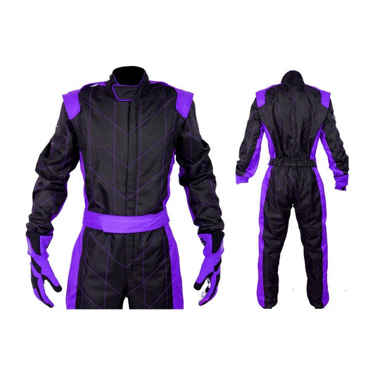 A front and back view of a black and violet go-kart racewear costume, including a full-piece suit with elasticated cuffs and a full zip, designed for karting.