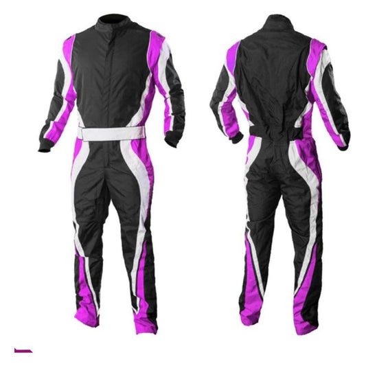 A one-piece black, violet, and white go-kart driver racing suit with a full zip and elasticated cuffs.