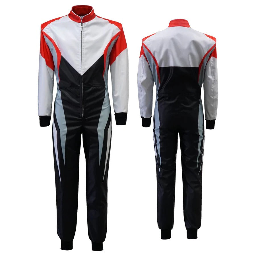 A custom go-kart race suit with a black, white, and red color scheme, featuring a full zip and elasticated cuffs, displayed front and back.