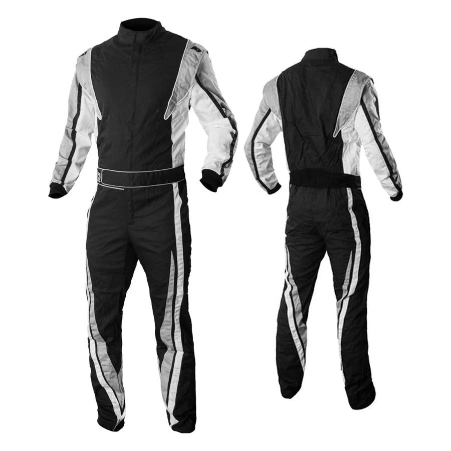 A front and back view of a black and white go-kart driver racing costume with color-blocked design.
