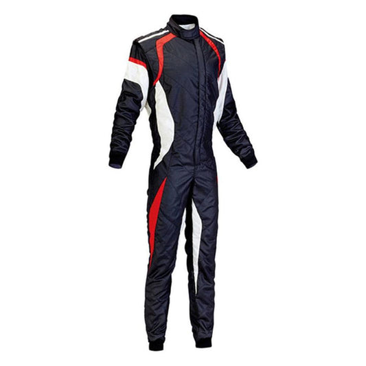 A black and white kart race Cordura one-piece suit with red accents and a full zip feature visible.