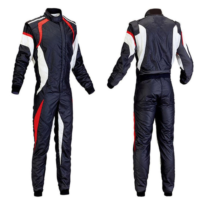 black and white Cordura one-piece kart race suit featuring lightweight breathable fabric, secure zip closure, stretch panels for comfort and adjustable belt – custom name option available.