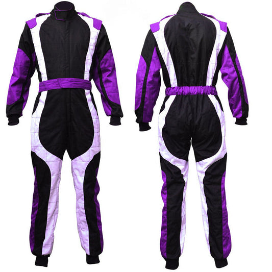 A front and back view of a go-kart car driver racing costume featuring black, white, and violet colors with a full zip and elasticated cuffs.