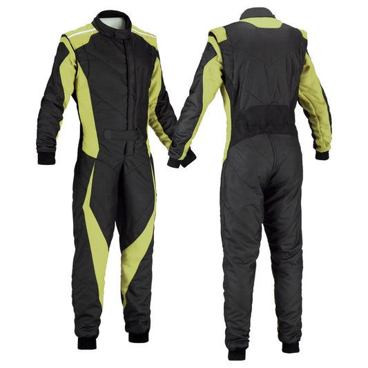 A front and back view of a black and yellow go-kart driver race costume.