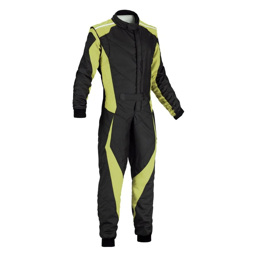 Front of Black/Yellow Customisable Go-Kart Driver Racing Suit – Durable Motorsport Gear with Custom Name Printing