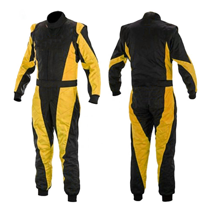 A front and back view of a black and yellow go-kart racing suit.