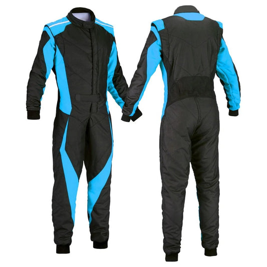 A front and back view of a black and blue go-kart driver racing outfit, featuring a full zip and elasticated cuffs.