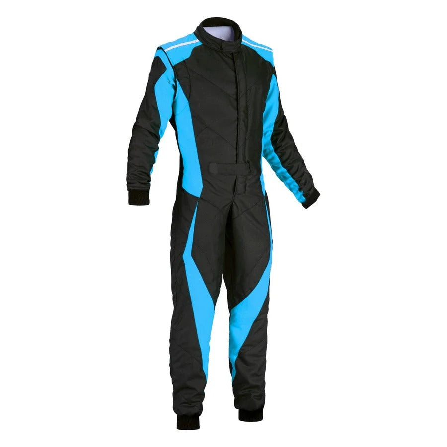 Black & Blue Go-Kart Racing Uniform – Front Shot High-Performance Customisable Karting Jumpsuit with Driver’s Name