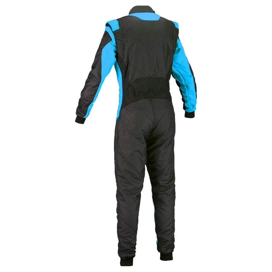 Rear View of Black/Blue Go-Kart Driver Racing Outfit – Made-to-Order Comfortable Karting Suit with Reinforced Stitching