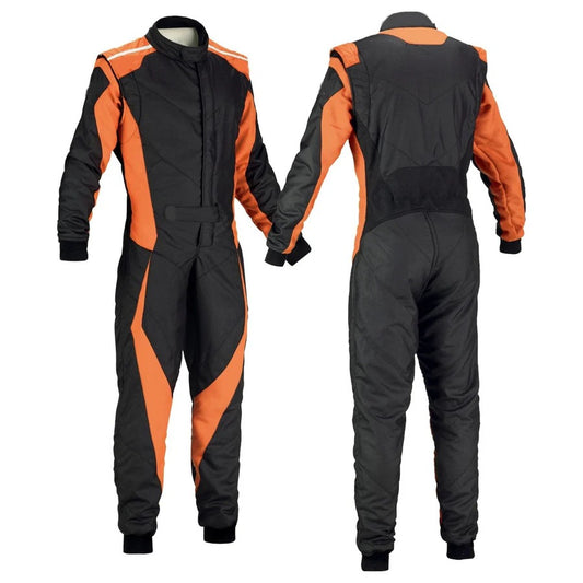 A front and back view of a black and orange go-kart driver racing suit.