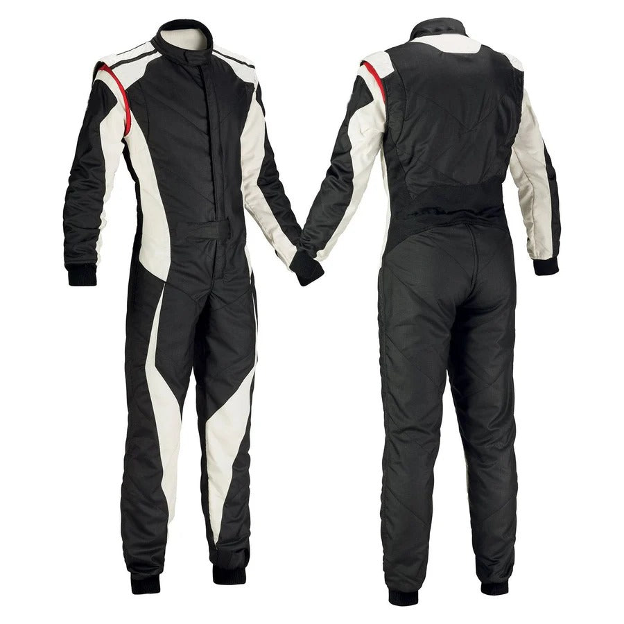 A black and white go-kart driver racing outfit with red accents, displayed front and back, showing full zip and elasticated cuffs.