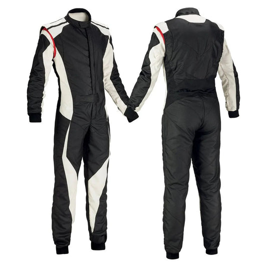 A black and white go-kart driver racing outfit with red accents, displayed front and back, showing full zip and elasticated cuffs.