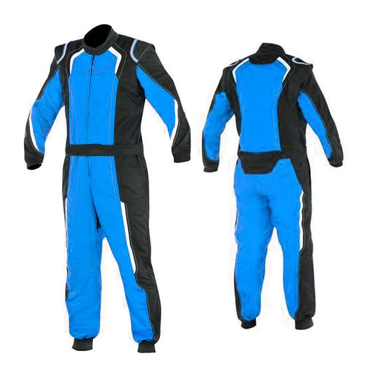 A blue custom go-kart racing suit laid out flat, showing the front and back view. The suit has black accents and features a full zip, elasticated cuffs, and a fine collar with Velcro.