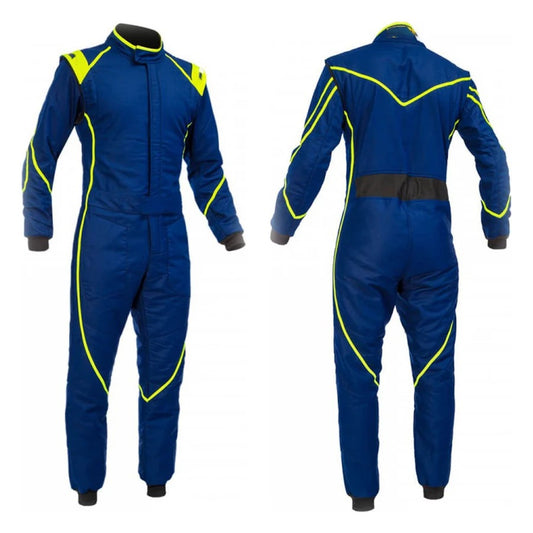 A blue go-kart driver racing suit with yellow accents, featuring a full zip and elasticated cuffs.