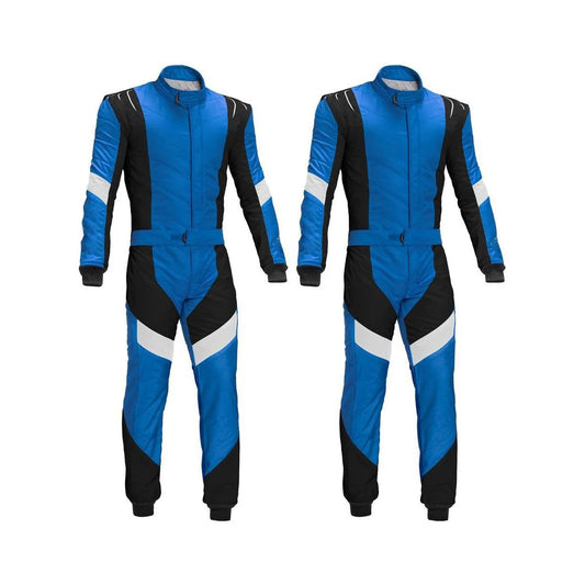 A pair of blue, black, and white go-kart racing suits with full zip and elasticated cuffs, displayed frontally.