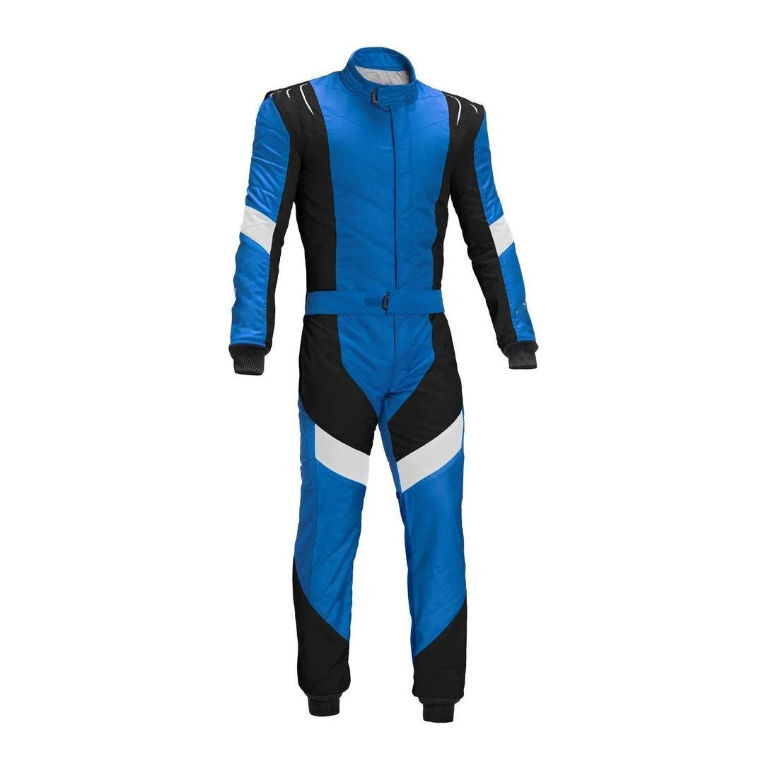 Blue Cordura go-kart racing one-piece suit with full front zip, elasticated cuffs and ankles, high collar