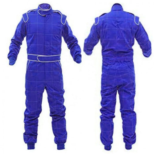 A blue go-kart racing suit, with a full zip, elasticated cuffs, and a fine collar with Velcro.